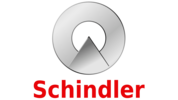 Logo mit einem stilisierten silbernen Kreis und einem Dreieck in der Mitte, darunter der Schriftzug Schindler in roter Schrift auf schwarzem Hintergrund.
