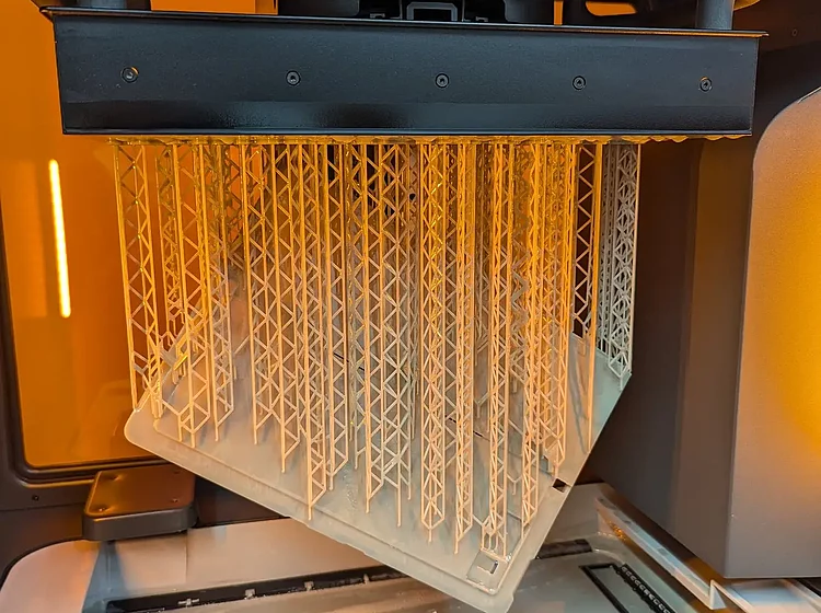 Innenansicht eines 3D-Druckers mit einem fertigen, komplexen Gitterstruktur-Modell in beiger Farbe, das gerade entnommen wird.
